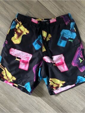 Neff Black Swim Trunks with Neon Pink, Yellow, Blue & Purple Print